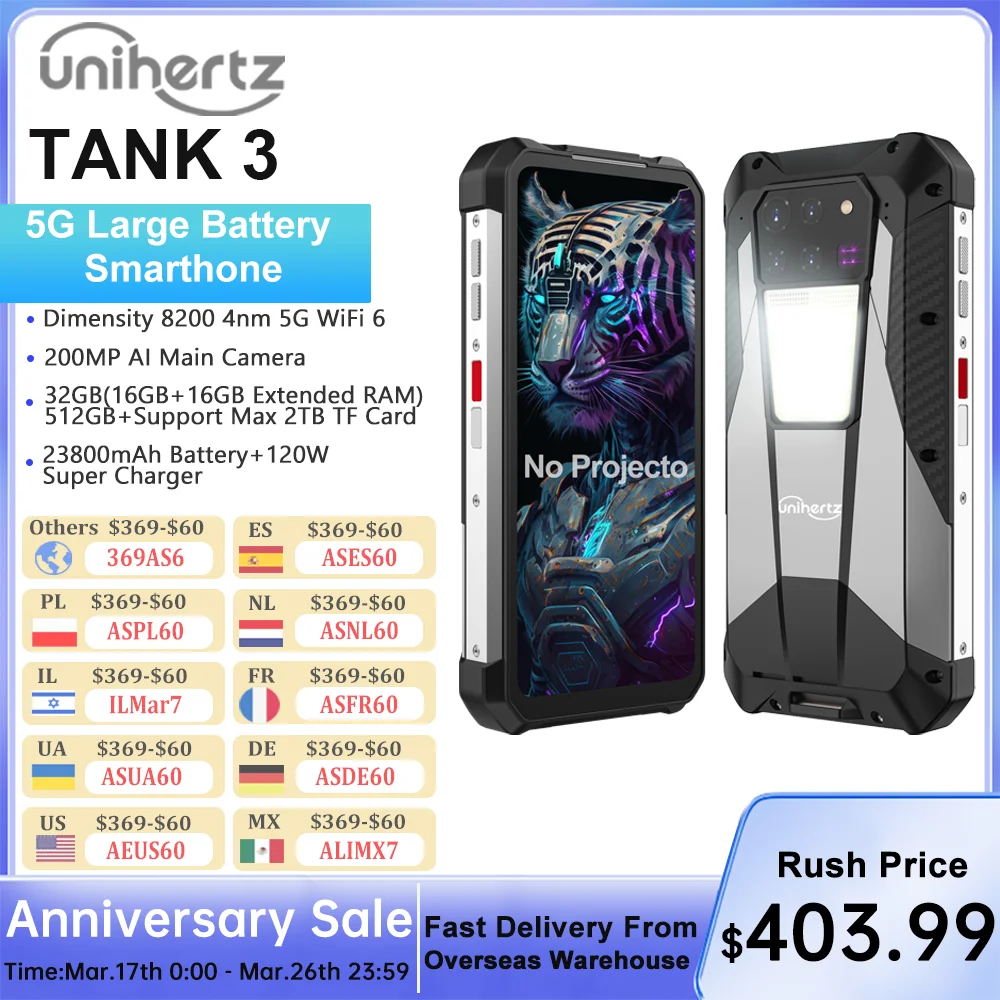 Unihertz Tank 3 by 8849 Rugged 32GB 512GB 23800mAh 120W Charger Dimensity 8200 5G 200MP 120Hz Rangefinder Outdoor Light Wifi 6