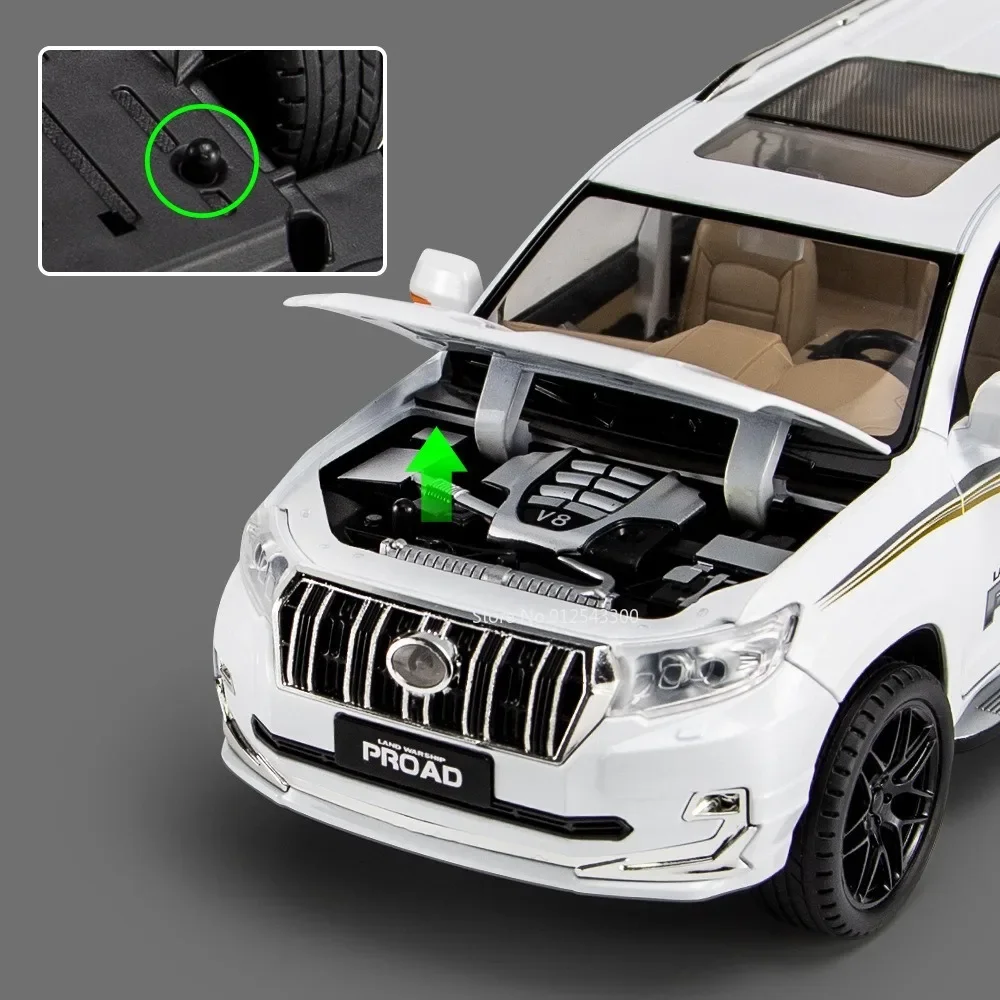 1:18 Toyota Land Cruiser Prado Toy Car Model Alloy Diecast Pull Back Simulation Sound Light SUV Off-road Vehicle Toys for Kids