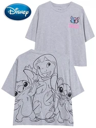 Disney Stitch Angel Little Monster Letter Cartoon Print T-Shirt Fashion Women O-Neck Pullover Short Sleeve Loose Tee Tops Gray