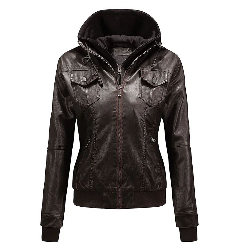 

Women's Motorcycle Leather PU Hooded Leather Women's Washed Leather Jacket Coat Zipper Vintage Lapel Jacket