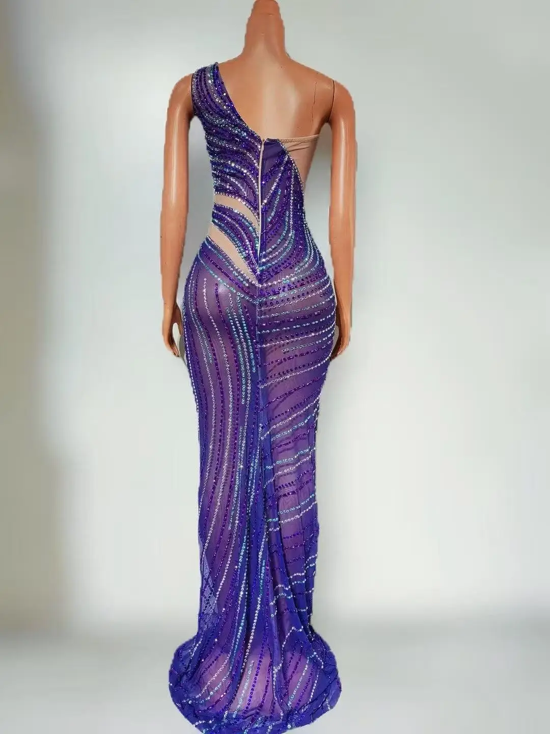 キラキララインストーン斜めショルダースカート女性のセクシーなメッシュ透明パーティー祝う誕生日ドレス写真撮影着用