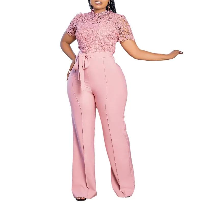 

Pink Lace Jumpsuit for Women Patchwork High Waist Wide Leg Waist Belt Modest Classy Elegant One Piece Office Lady Summer Fashion