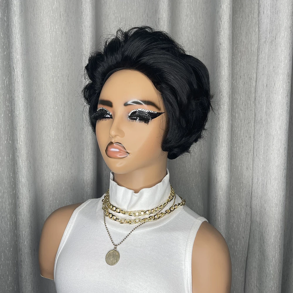 黒人女性向け6インチショートカーリー人毛ウィッグ ブラジリアンウォーターウェーブピクシーカットウィッグ（前髪付き）マシンメイドキャップ ナチュラルカラー