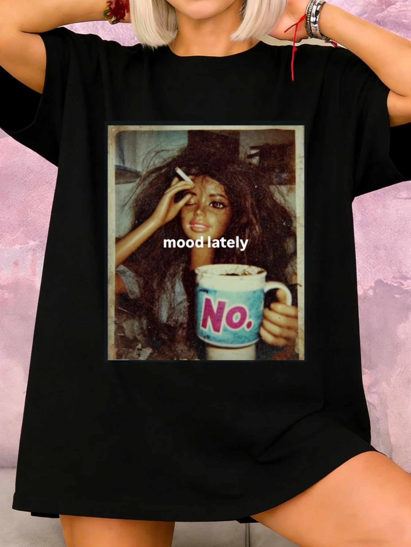 Retro Mood T-shirt with Retro Sad Doll Aesthetics. This Gloomy and Humorous Patterned T-shirt Is A Fun Gift for Friends