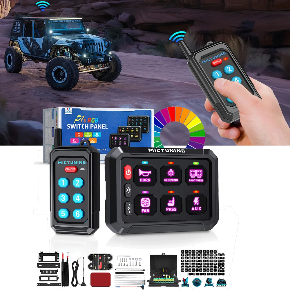 

MICTUNING Advanced P1Y 6-Zone Toggle Switch Panel with Wireless Remote, RGB Illuminated Momentary Relay Control Module System