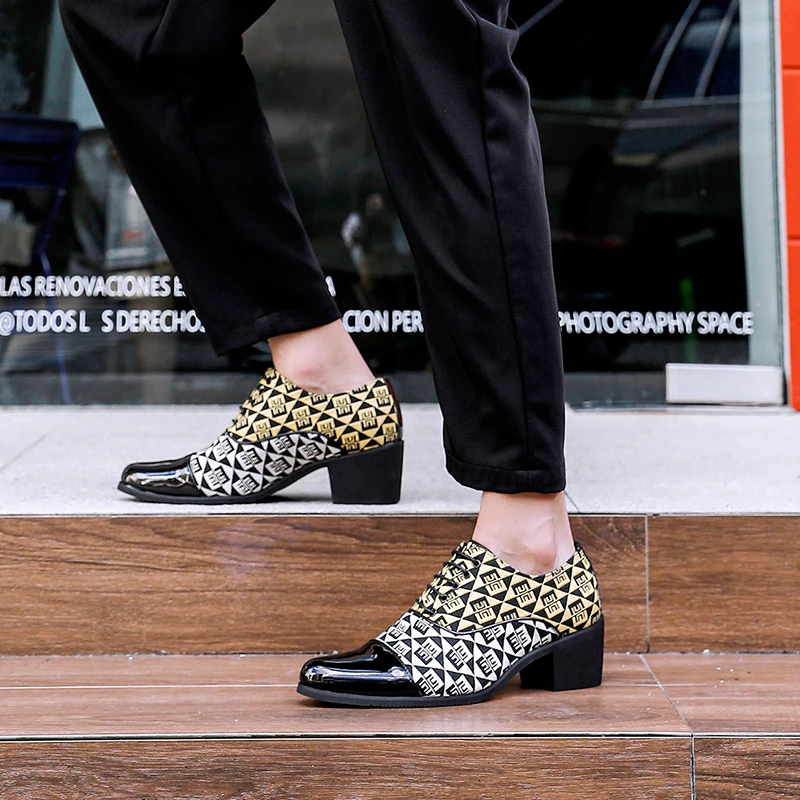 Luxury Checked Men High Heels Designer Cuban Men's Leather Shoes Pointed Dress Shoes Men Business Suit Formal Shoes Big Size 46