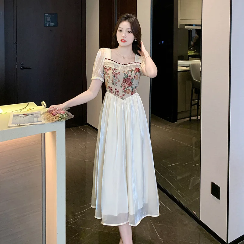 

Vintage Floral Embroidery Dress Elegant Women Evening Party Midi Dress Female Beach A Line Princess Fairy Dress Sundress Vestido