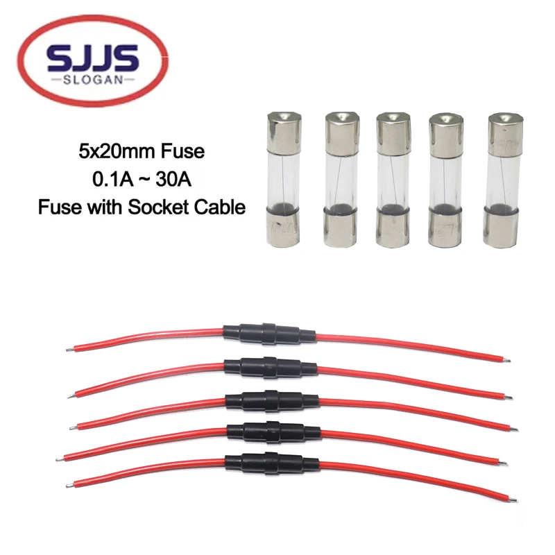 【5PCS】 5*20mm Glass Fuse Holder Screw Type 5X20mm with 5PCS 22AWG Wire Cable 5X20MM Glass Fuse Tube (5PCS+5PCS=10PCS) 5set