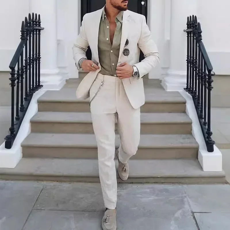 Set di abiti da 2 pezzi taglie forti da uomo di nuova moda casual business trendy tinta unita blazer con bottone singolo pantaloni abiti maschili