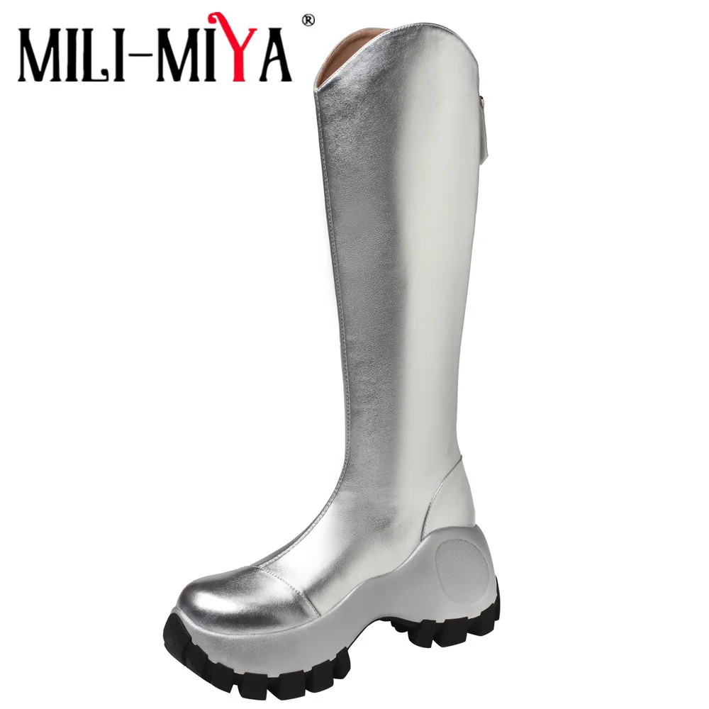 

MILI-MIYA New Arrival Concise Style Women Cow Leather Knee High Boots Rubber Non-Slip Sole Waterproof Thick Heels Round Toe Hand