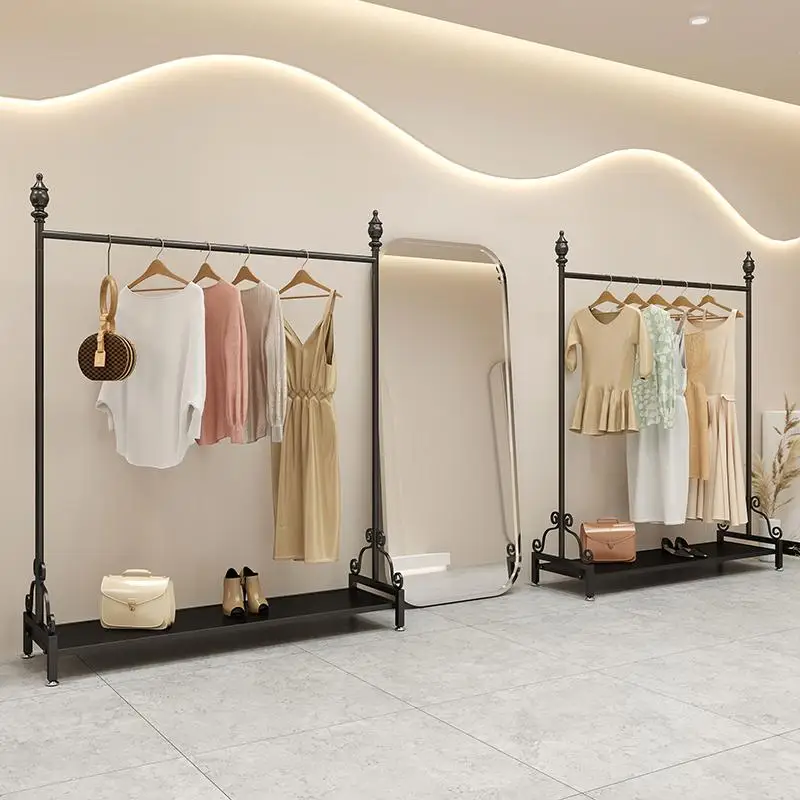 

Simple fashion clothing store display rack black floor-standing clothing shelf thickened men's and women's hanging hanger displa