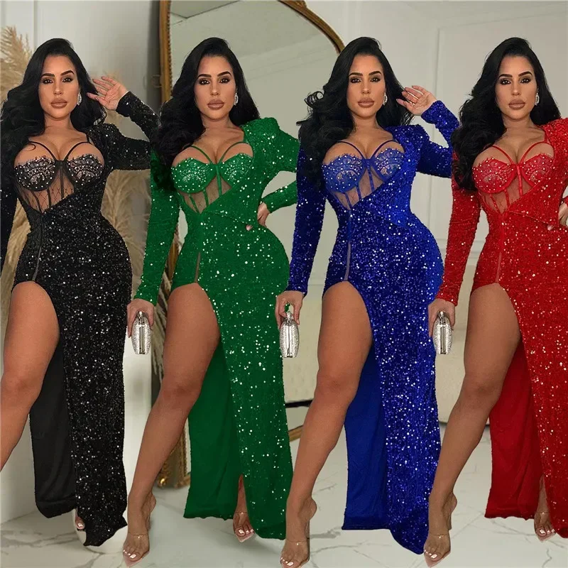 2023 Autumn Full Sleeve High Split Women Sexy Sequins Party Long Dress Lace Patchwork Bodycon Bodysuit 2 Piece Clubwear Dress