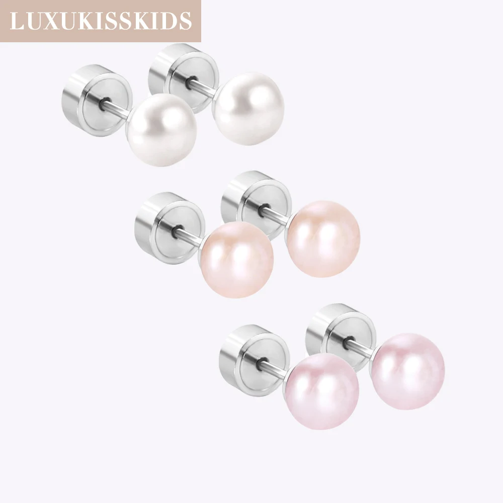 LUXUKISSKIDS 3-5pairs Fake White Pearl Stud Earrings For Woman/Girl Round Ball Press Screw Pack Piercing Stainless Steel Jewelry