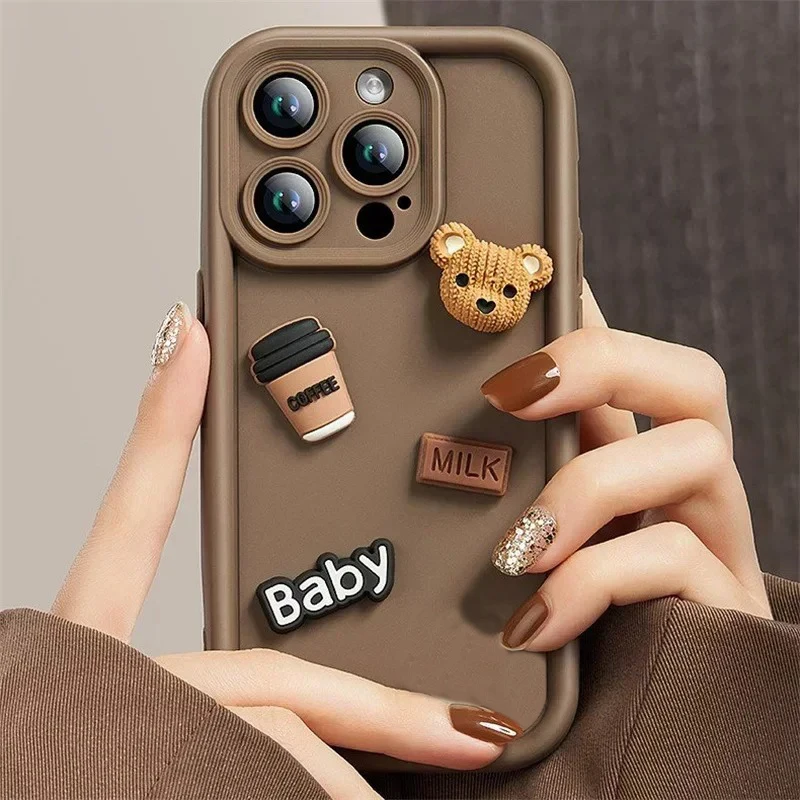 Korean 3D Coffee Bear Phone Case For Samsung Galaxy S 24 23 22 21 Ultra Plus FE A 12 32 52 52S 23 33 53 14 34 54 Silicone Cover