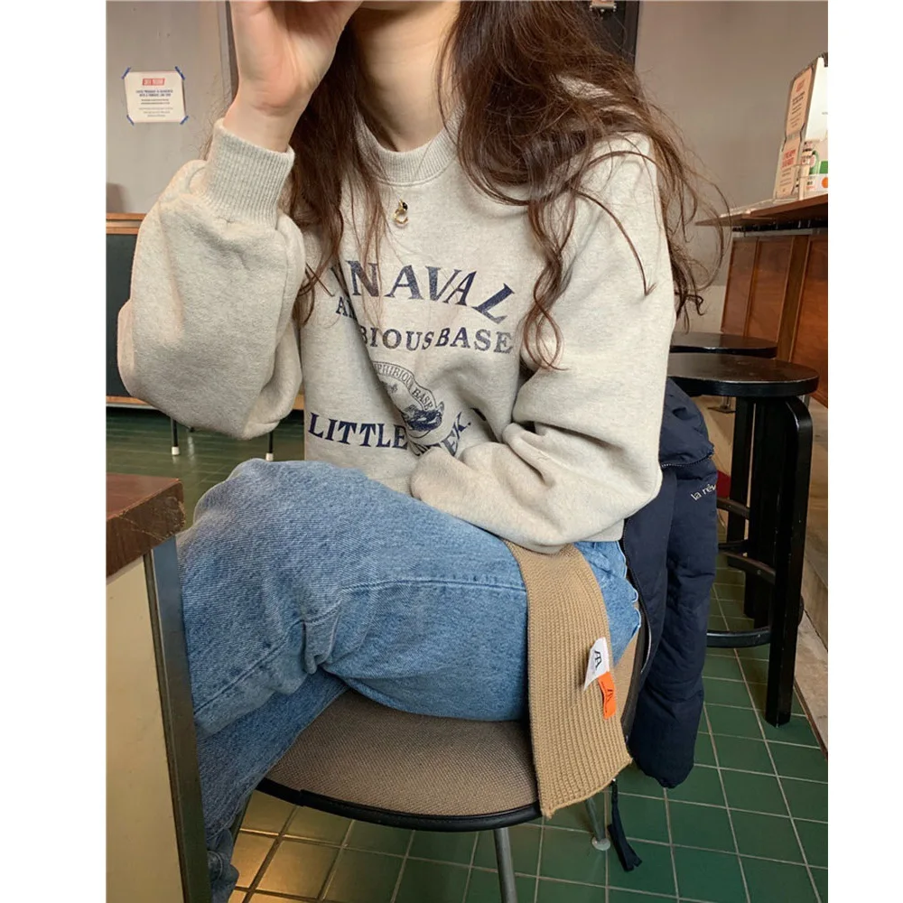 FAVRE Letter Print Sweatshirts Womens Roundneck Fleece Pullovers Spring Autumn Korean Version Casual Loose Lazy Style BF Tops