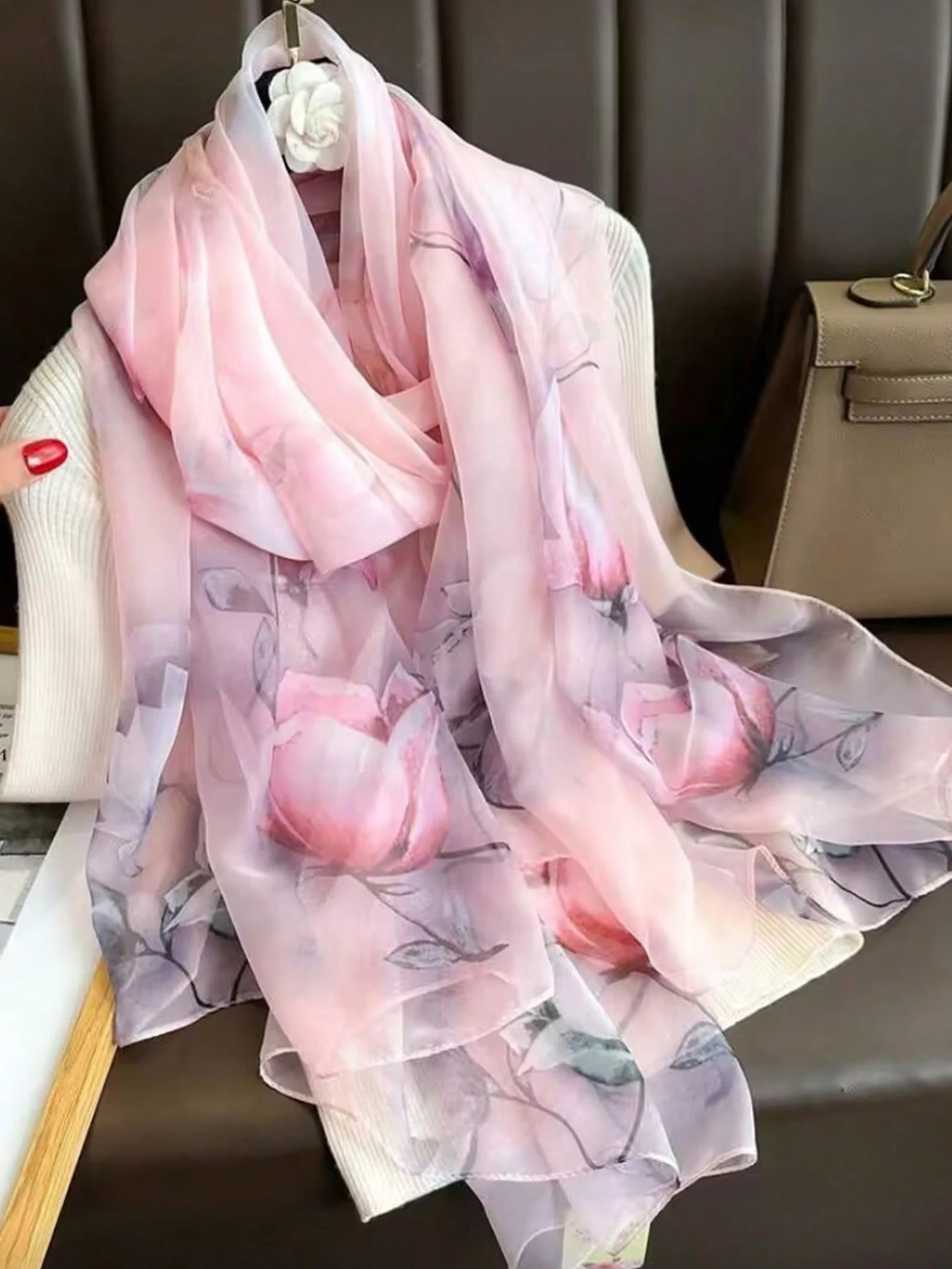 Neue Mode Frühling/Sommer Damen Blumendruck Großer Schal Strand-Seidenschal Weibliche Lange Wickeltücher Strand-Sonnenschutz Hijab – Detail 1
