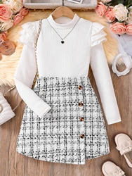 Children's Fashion Autumn Set 2-piece Girls' White High Collar Layered Petal Sleeve Long Sleeve Top+A-line Skirt