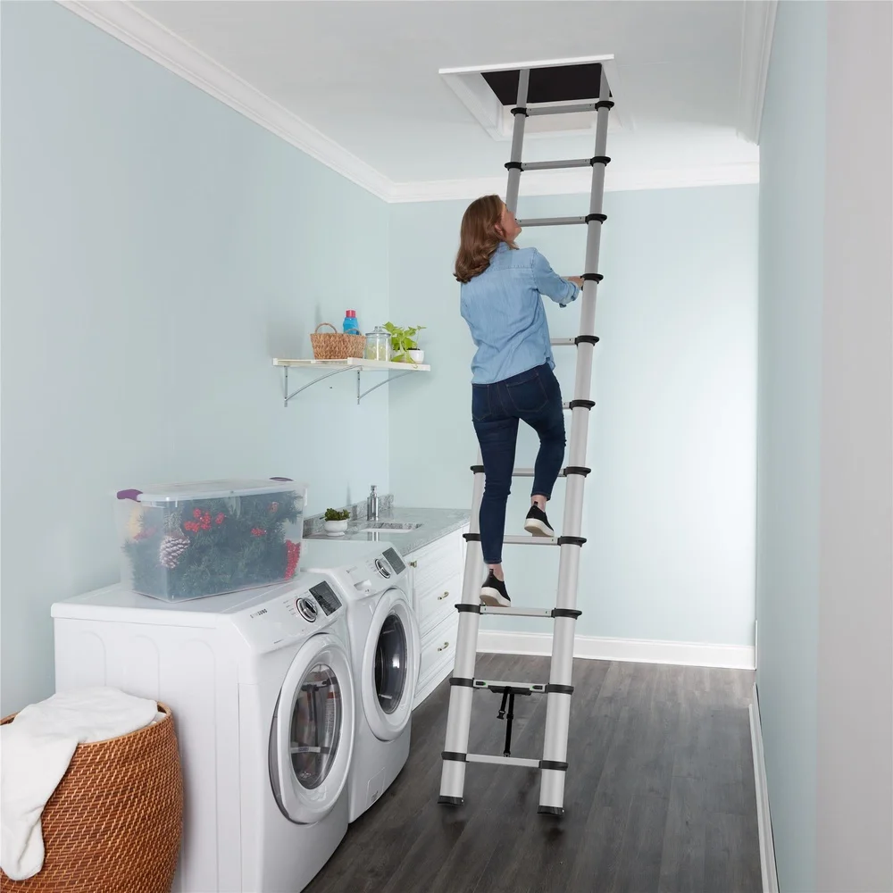 16ft Telescoping Ladder Aluminum Compact Lightweight Adjustable with Ergonomic Grips SmartClose System Locking Indicators Stable