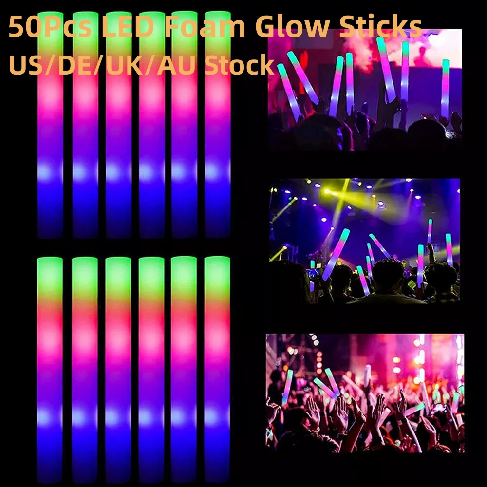 50Pcs LED Foam Glow Sticks Flashing Glow Batons Cheer Tube with 3 Mode Color Flash Glow in The Dark Concert Wedding Party Supply