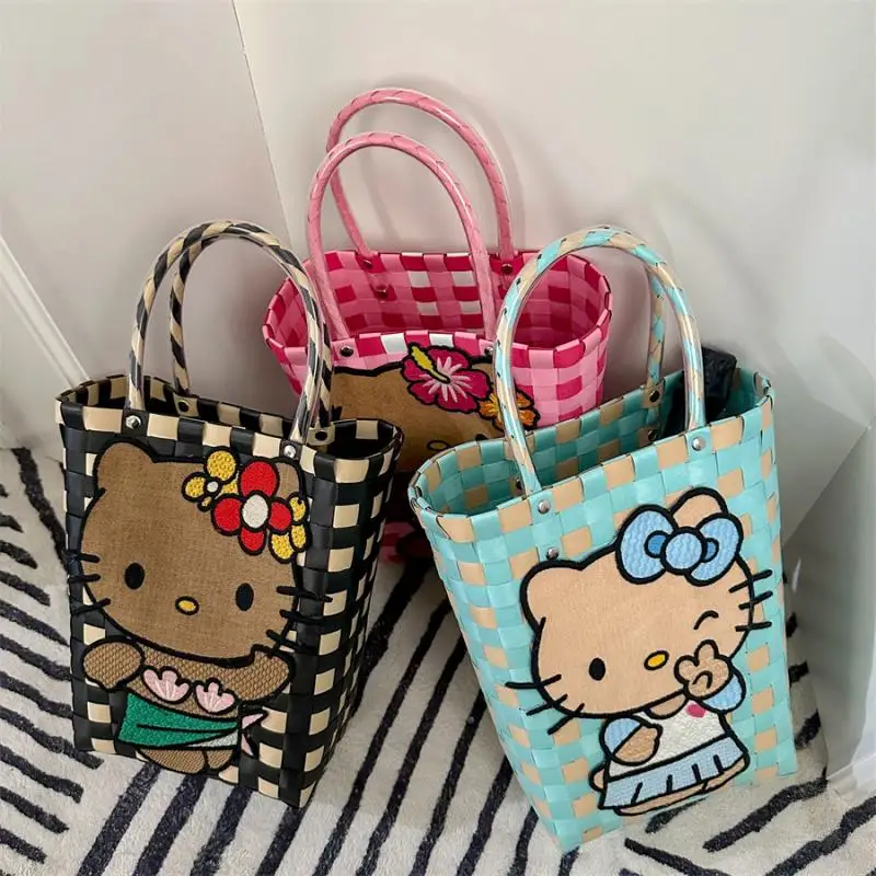 Kawaii Sanrio Hello Kitty Portable Handbag Bucket Bag Weaving Baskets Leisure Travel Bag Miscellaneous Storage Bag Gift For Girl