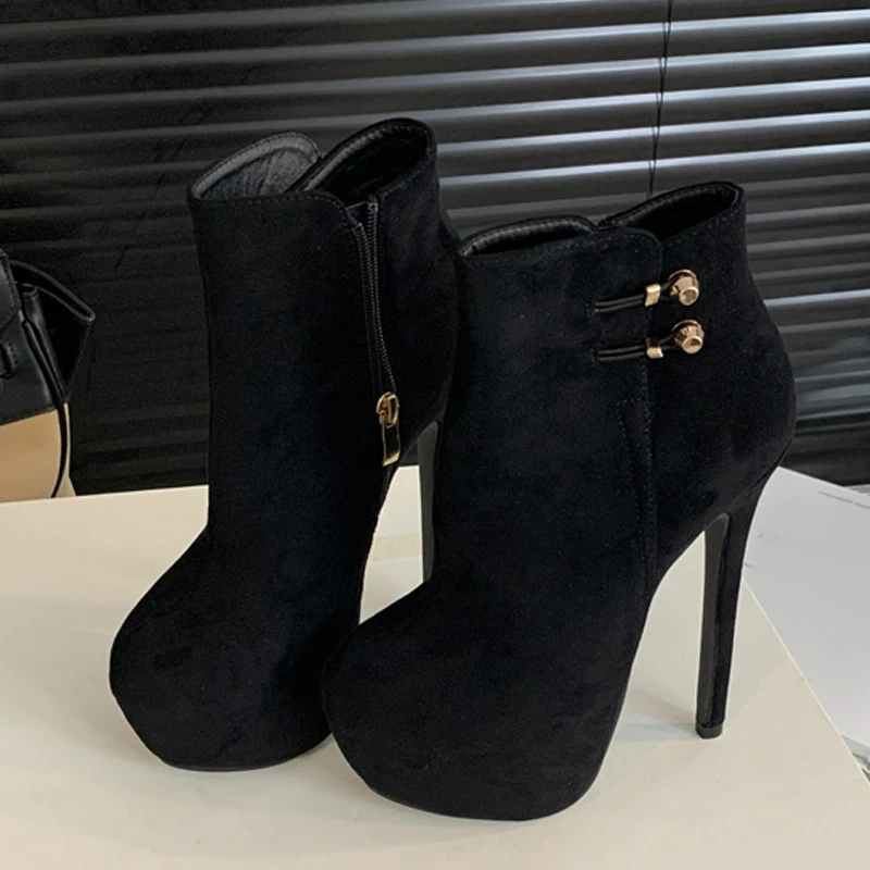 Liyke Fashion Chic Elasticity Buckle Strap Women Platform Boots Sexy Zip Round Toe Pole Dance Extreme High Heels Shoes Black