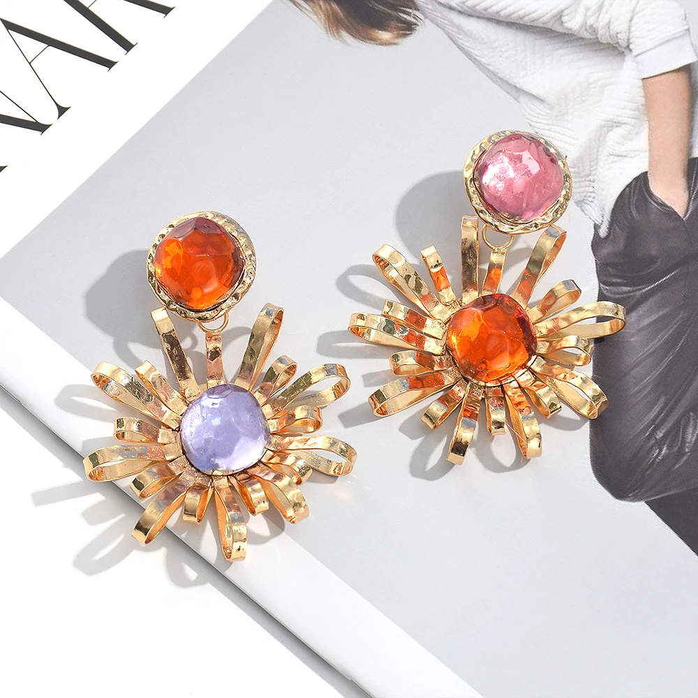 Exaggerated Acrylic Resin Big Drop Earrings For Women Vintage Flower Beaded Earrings Statement Jewelry Accessories