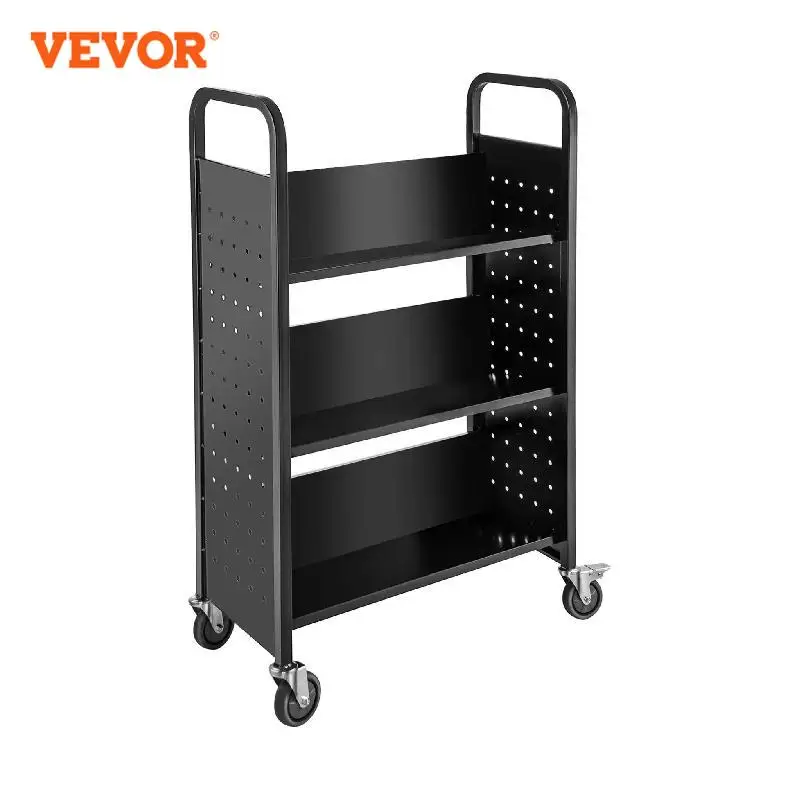 

VEVOR 200LBS Book Cart Library Cart with Single Sided V-Shaped Sloped Shelves in Black Rolling Book Truck White for School