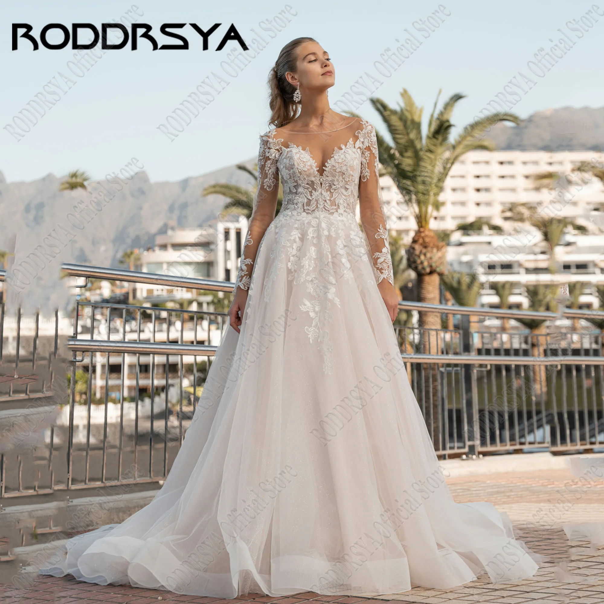 RODDRSYA Rosa Sparkly Vestido de Noiva destacável Mangas Ver Através Noiva Vestidos Scoop Neck A Linha Applique Sweep Train BacklessRODRSYA Rosa Sparkly Vestido de Noiva Mangas Destacáveis Ver Através Vestidos De Noiva