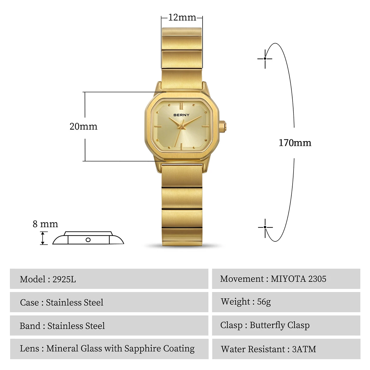BERNY Women\'s Watches Gold Full Stainless Steel Square Quartz Watch for Women Simple Small Dial Ladies Dress Wristwatch