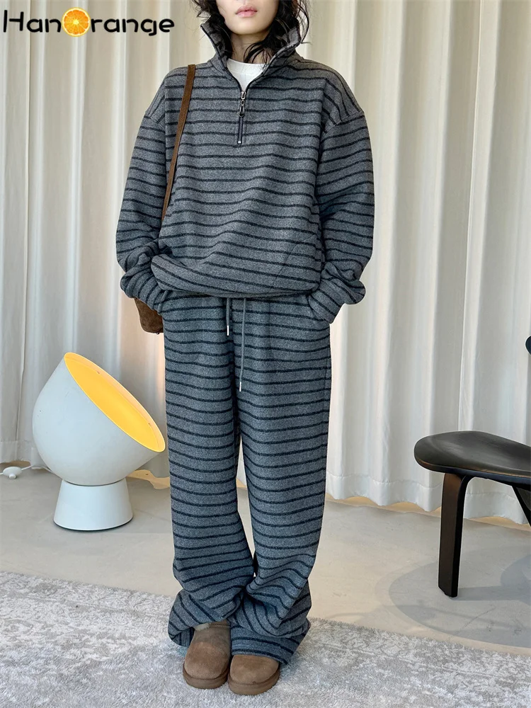 HanOrange 2025 겨울 빈티지 패션 스트라이프 드로스트링 벨벳 팬츠 여성용 따뜻한 두꺼운 바지 블랙 그레이/그레이 화이트