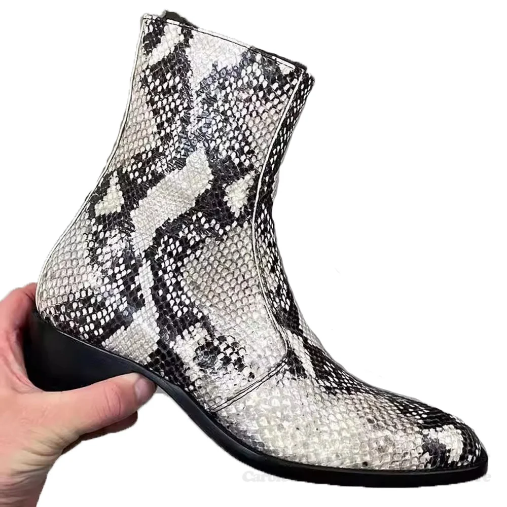 White Snakeskin Genuine Leather Chelsea Boot Men Pointed Toe Chunky Heel Side Zipper Luxury Classic Men Running Shoes Ankle Boot