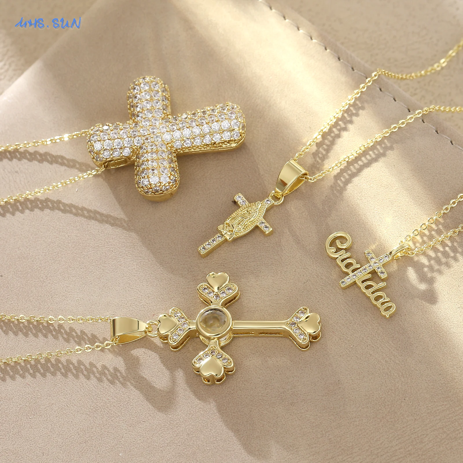 MHS.SUN 16 Styles Luxury Zircon Cross Pendant Necklace Fashion Unique Design Women 2025 New Gold Color Religious Jewelry Gifts