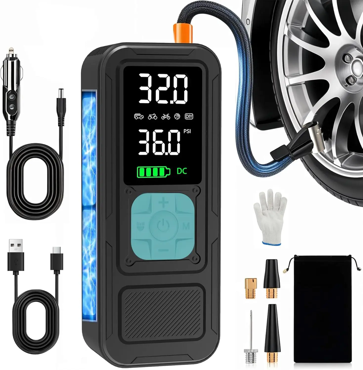 Portable Air Compressor: 4X Faster Inflation, 10000mAh Cordless, 150PSI for Car Tires with Digital Gauge & LED Light