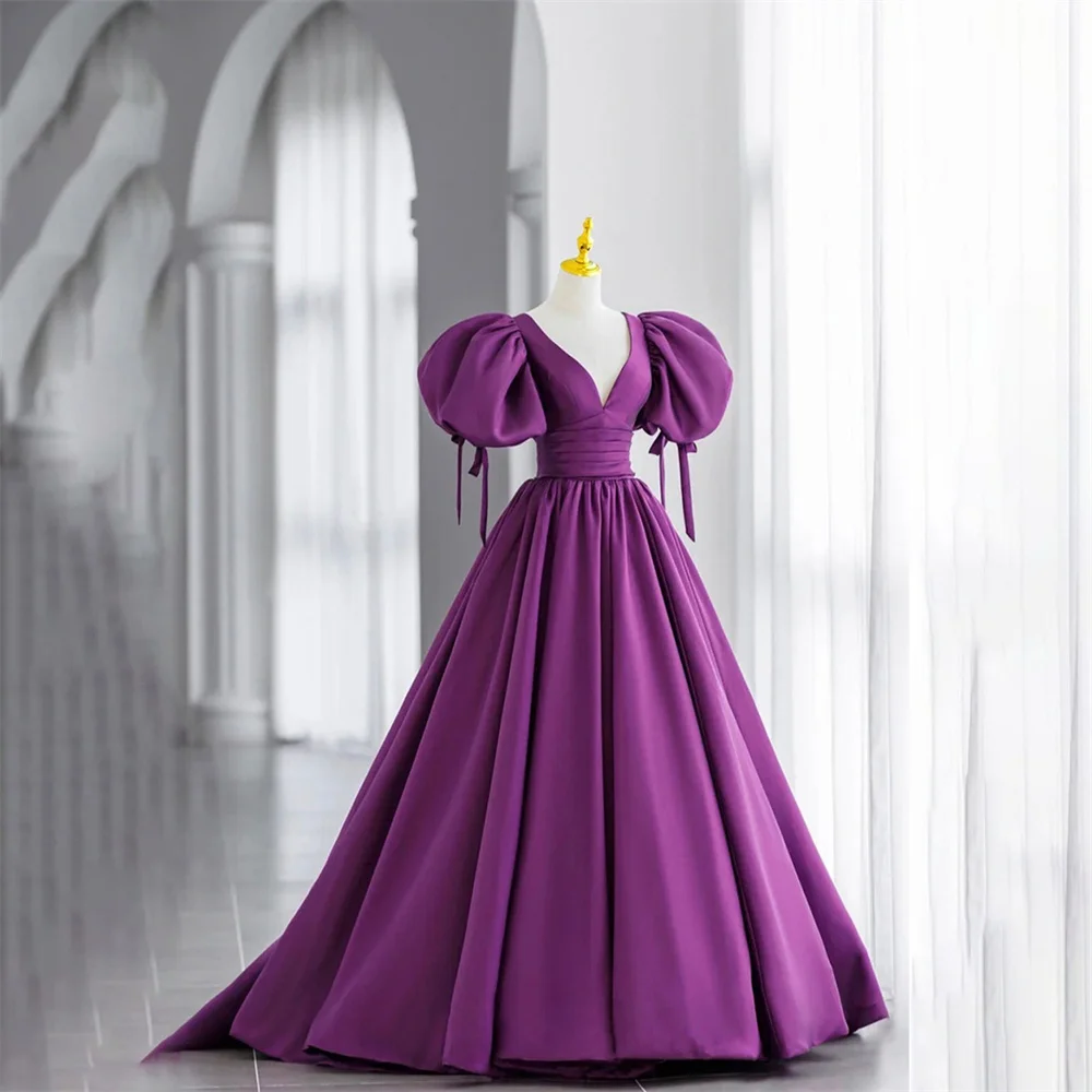 

Lily Purple A Line Prom Dress Puff Sleeves Party Dresses Satin Long Celebrity Gowns V Neck Wedding Party Dress вечерние платья