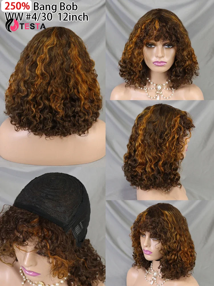 

250% Density Bob Wig With Bangs Guleless Wig Human Hairs Ready to Wear Water Wavy Remy Indian Hair Non-lace