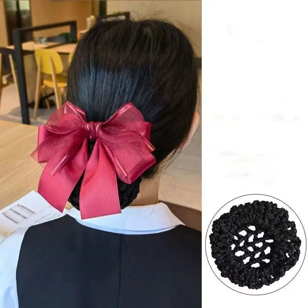 Sweet Bow Korean Bun Snood Women Spring Clips Cloth Bowknot Hair Bun Korean Style Hairgrips Cover Net For Girls