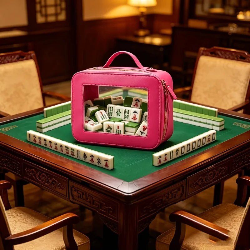 Empty Mahjong Storage Bag American Style PU PVC Transparent Carry Case Double Zipper Travel Makeup Bag Portable Game Lover Gift Only Bag No Mahjong Tiles