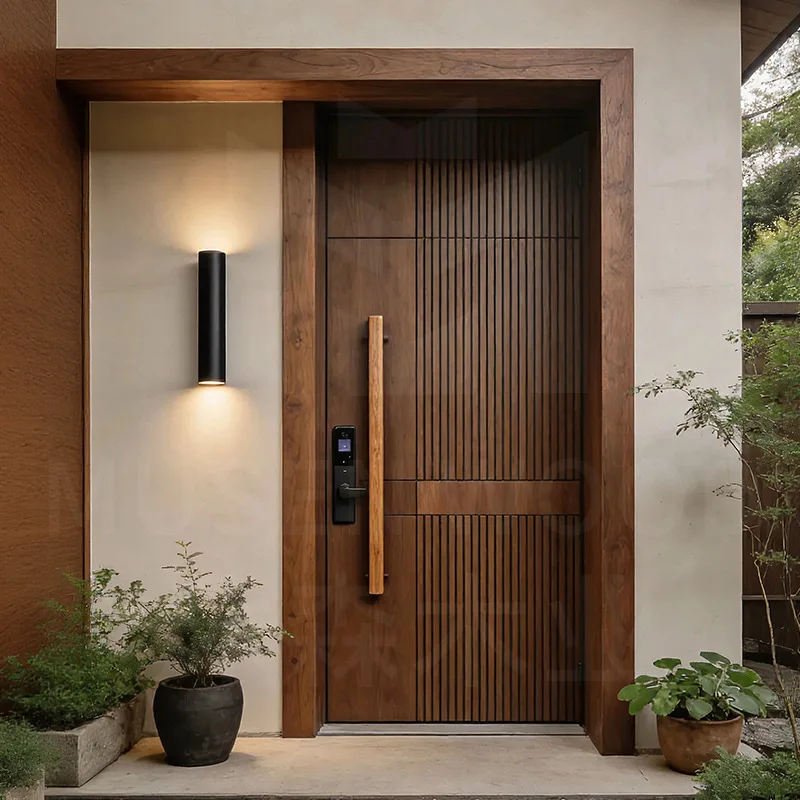 Solid Wood Paint Entry Door Chinese Grille North American Walnut Splicing Casement Self-built House Home Factory Custom Model