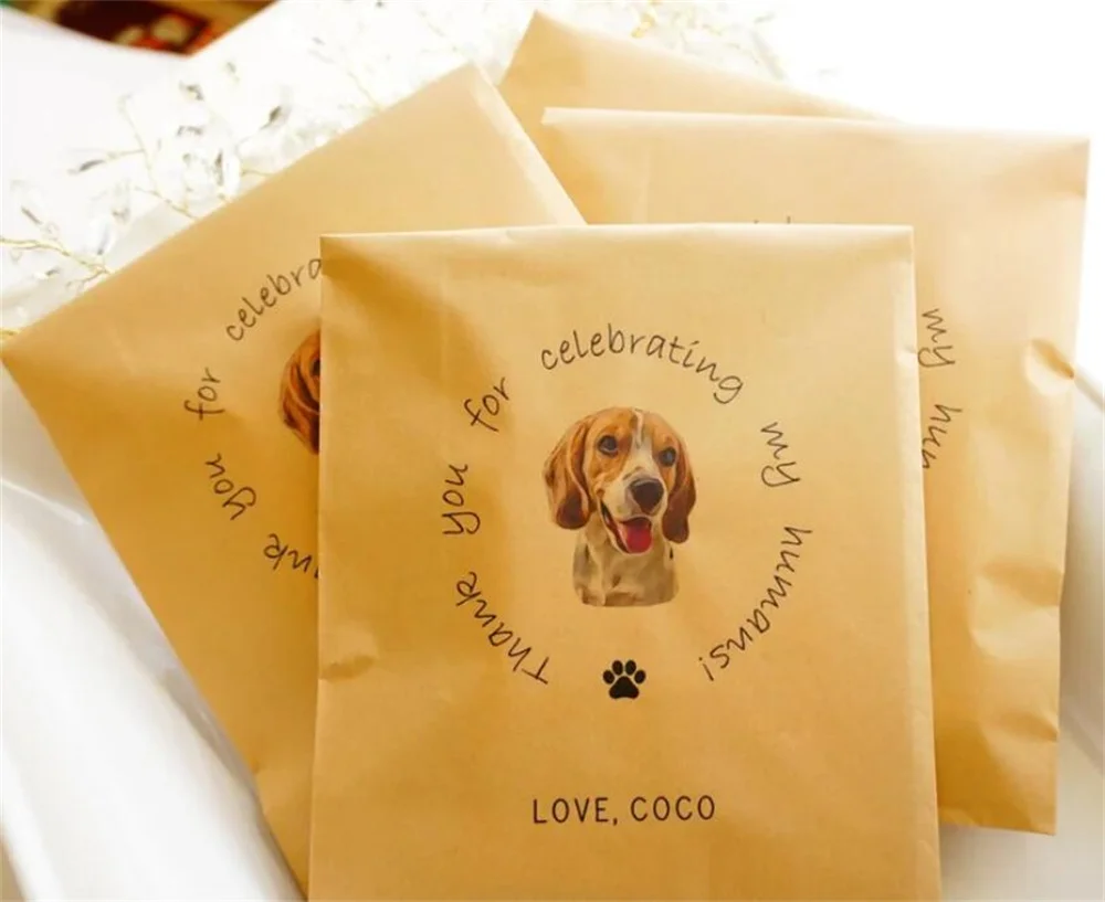 50 Wedding Favors Bags, Your Pet Wedding Custom Photo, Goodie Bags, Candy Bar, Doggie Treat Bag, Thank You Celebrating My Humans