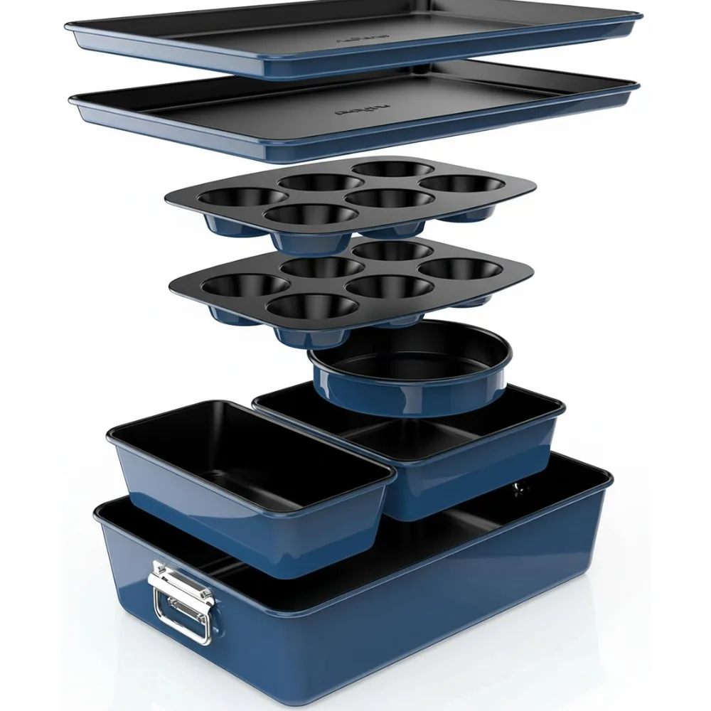 

Набор форм для выпечки с антипригарным покрытием из 8 предметов, штабелируемые формы для выпечки тортов, кексов и печенья (синие)