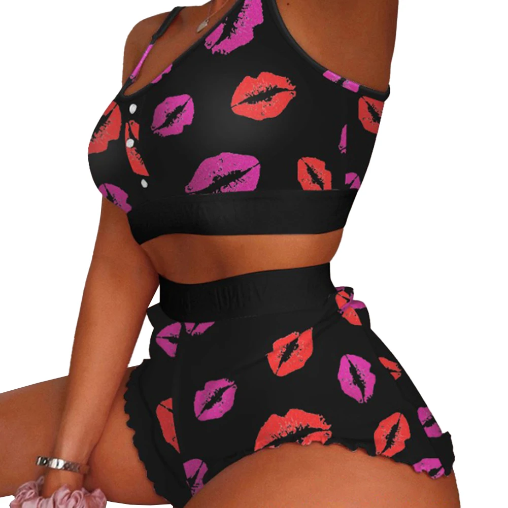 Sexy Women Pajamas Set Fashion Print Bra Hight Cut Top Soft Elasticity Short Sleepwear Thin Breath Nightwear Casual Homewear