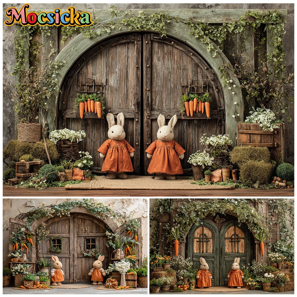 

Mocsicka Easter Background Spring Flowers Rabbit Carrot Wooden Door Decors Baby Portrait Photo Backdrop Birthday Party Wallpaper