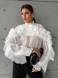 Elegant Ruffles Shirts Blouses Autmn Clothes Women 2024 Fashion Flowers Long Sleeve Loose Shirts Party Club Stand Collar Tops