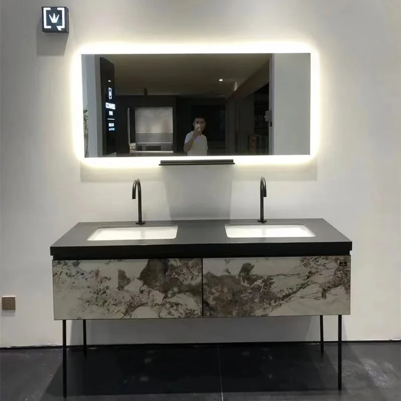 

Italian high-end bathroom cabinet light luxury solid wood imported slate intelligent hand washing basin