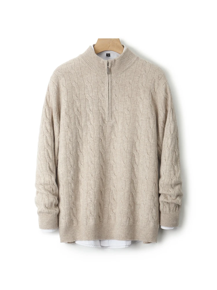 

Luxury Men's 100% Merino Wool Sweater Twisted Flower Zipper Pullover Mock Neck Thick Autumn Winter Business Clothing
