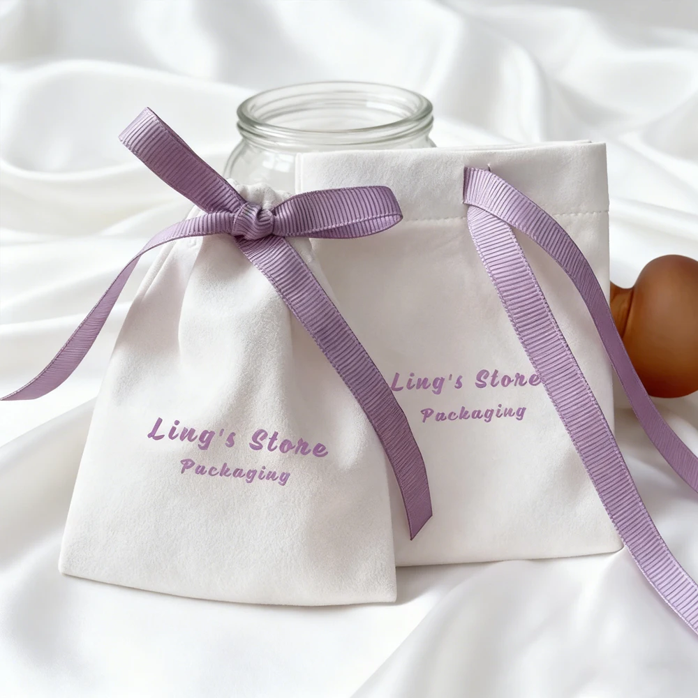 

100Pcs Cute Custom Logo Jewelry Flannel Gift Bag Velvet Suede Ribbon Drawstring Pouch For Ring Earrings Stud Organizer Packaging