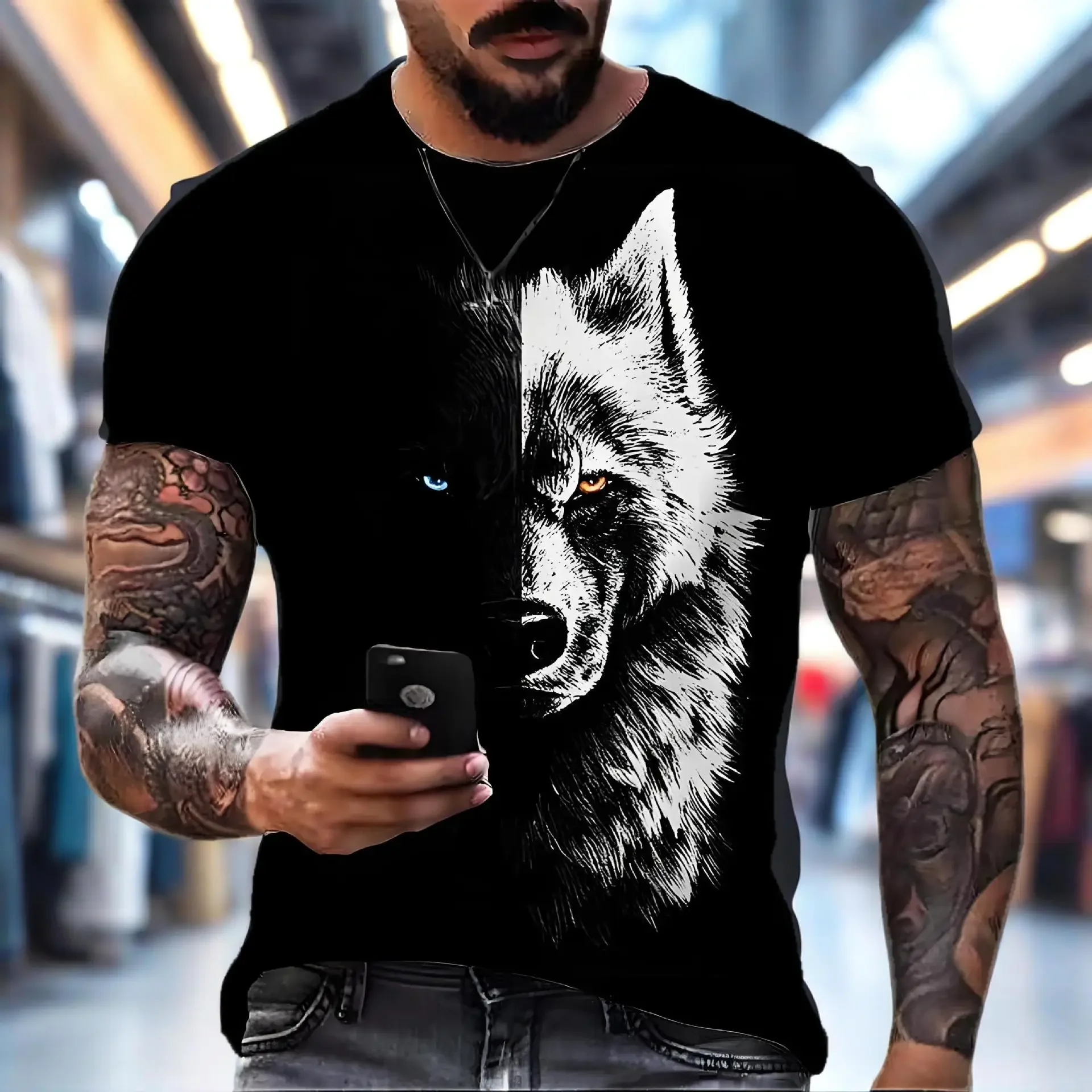 Fashion Men's Fiery Glowing Red Eyes Cracked Skull 3D Print T‑Shirt Horror Demon Short Sleeve Halloween Street Casual Tee Tops