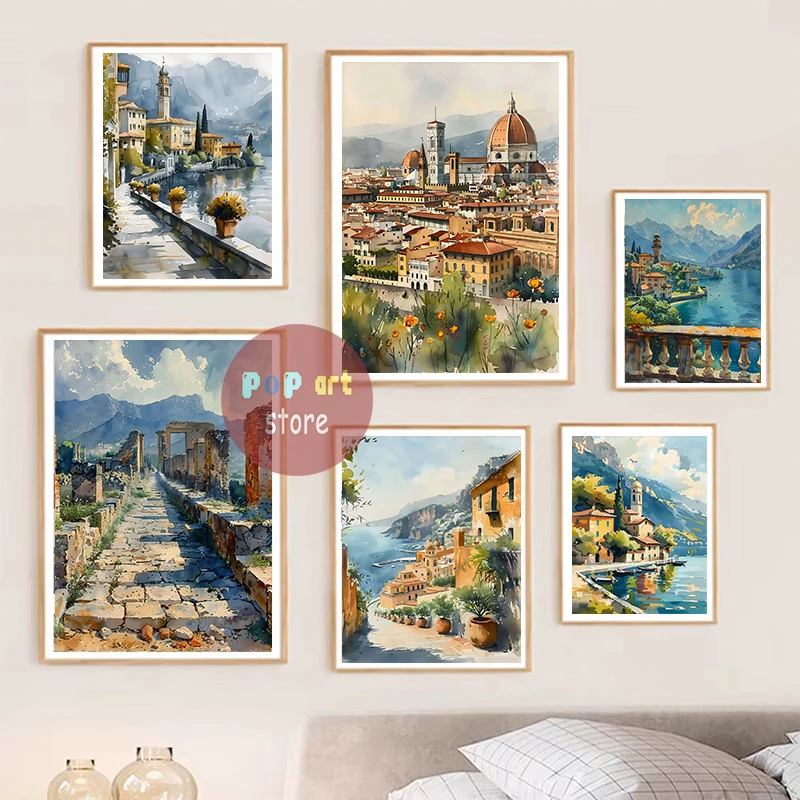 Italy Amalfi Coast Capri Dolomites Beautiful Landscape Watercolors Poster Canvas Painting Italian City Traveling Wall Decoration