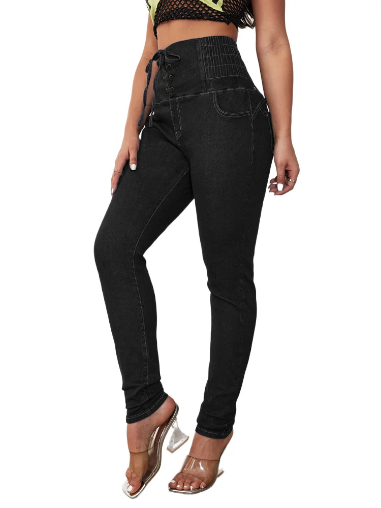 

European American Spring/Summer New Style Sexy Hip-lifting Lace-up Skinny Jeans. Women's Slim-fitting High-waisted Casual Jeans