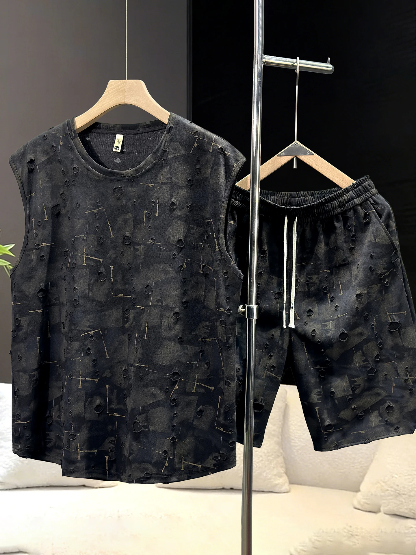 plus-size-men's-summer-casual-sport-two-piece-set-with-hole-loose-shorts-vest-polyester-spandex-comfortable-breathable-set